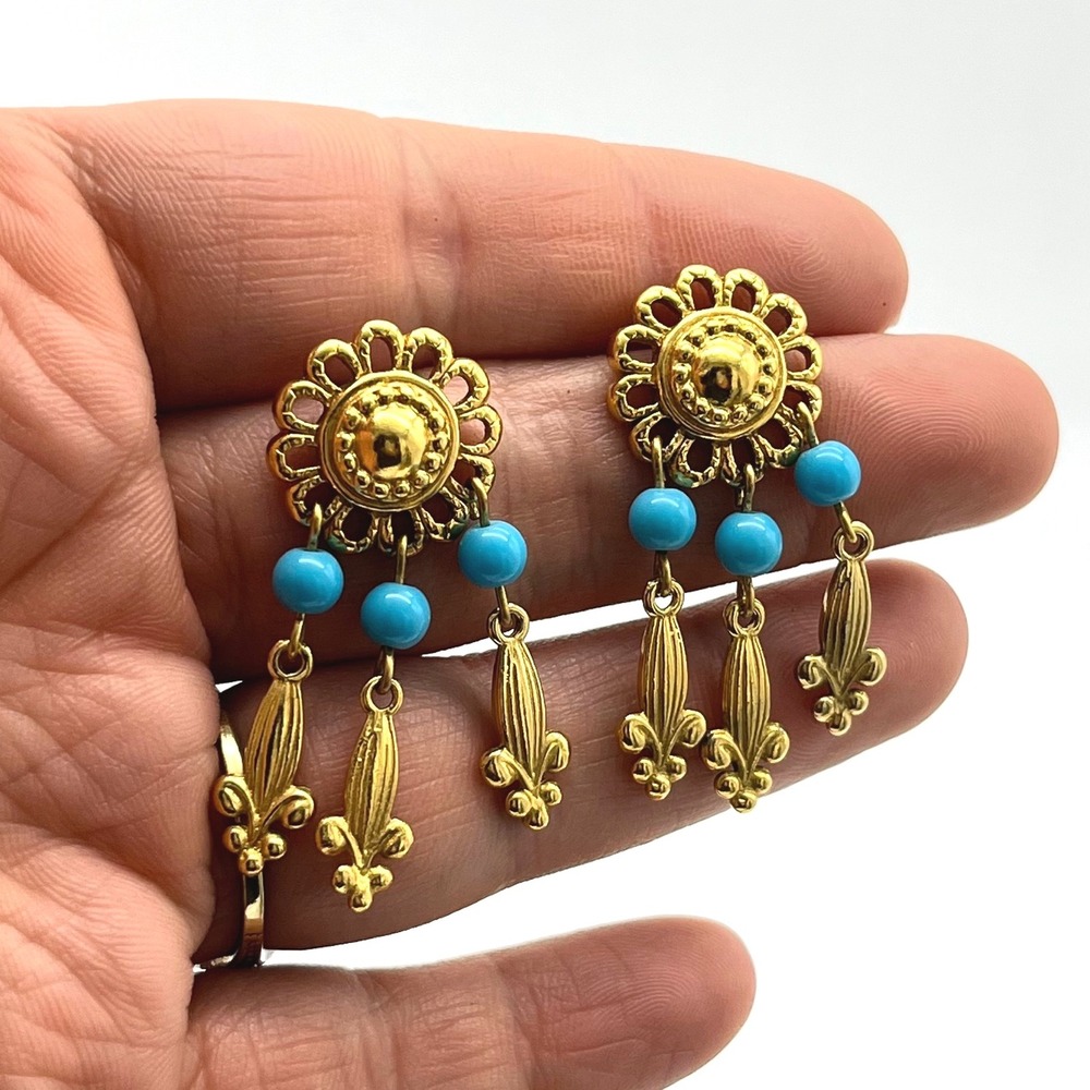 Vintage Avon Gold Tone Floral Dangle Earrings Turquoise Blue Beads Drop Earrings